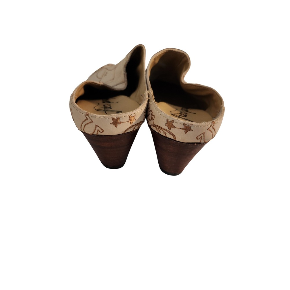 Free People Western Embroidered Leather Mules Cream Pointed Toe Cone Heel 38 - Picture 3 of 6